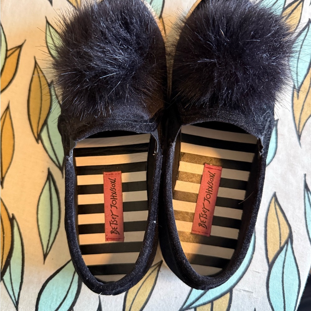 Betsey Johnson Black Fuzzy Pom Pom Slip on Sneakers